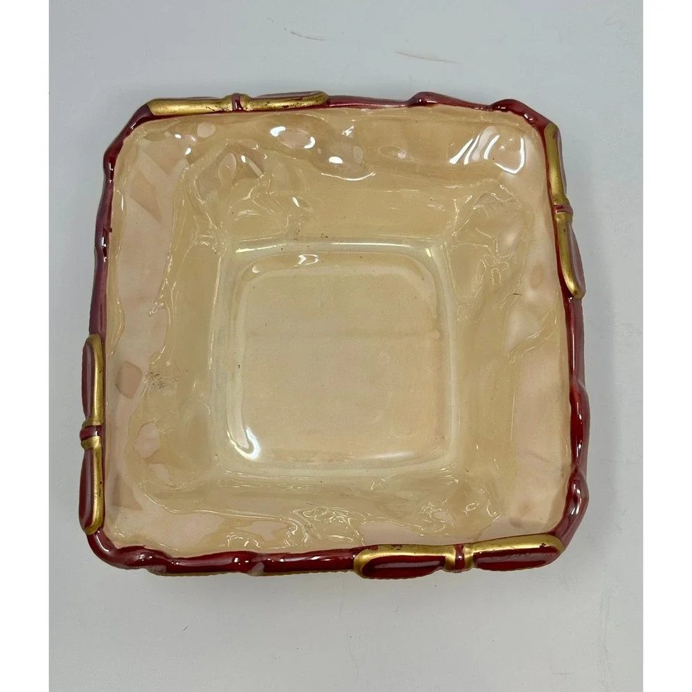 Bailee Brands Vintage 1999 Christmas Burgundy Gold Ribbon Ceramic Square Bowl A1